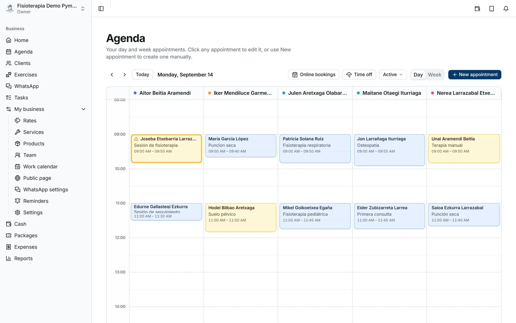 A physiotherapy clinic's schedule with the day's appointments in one column per practitioner