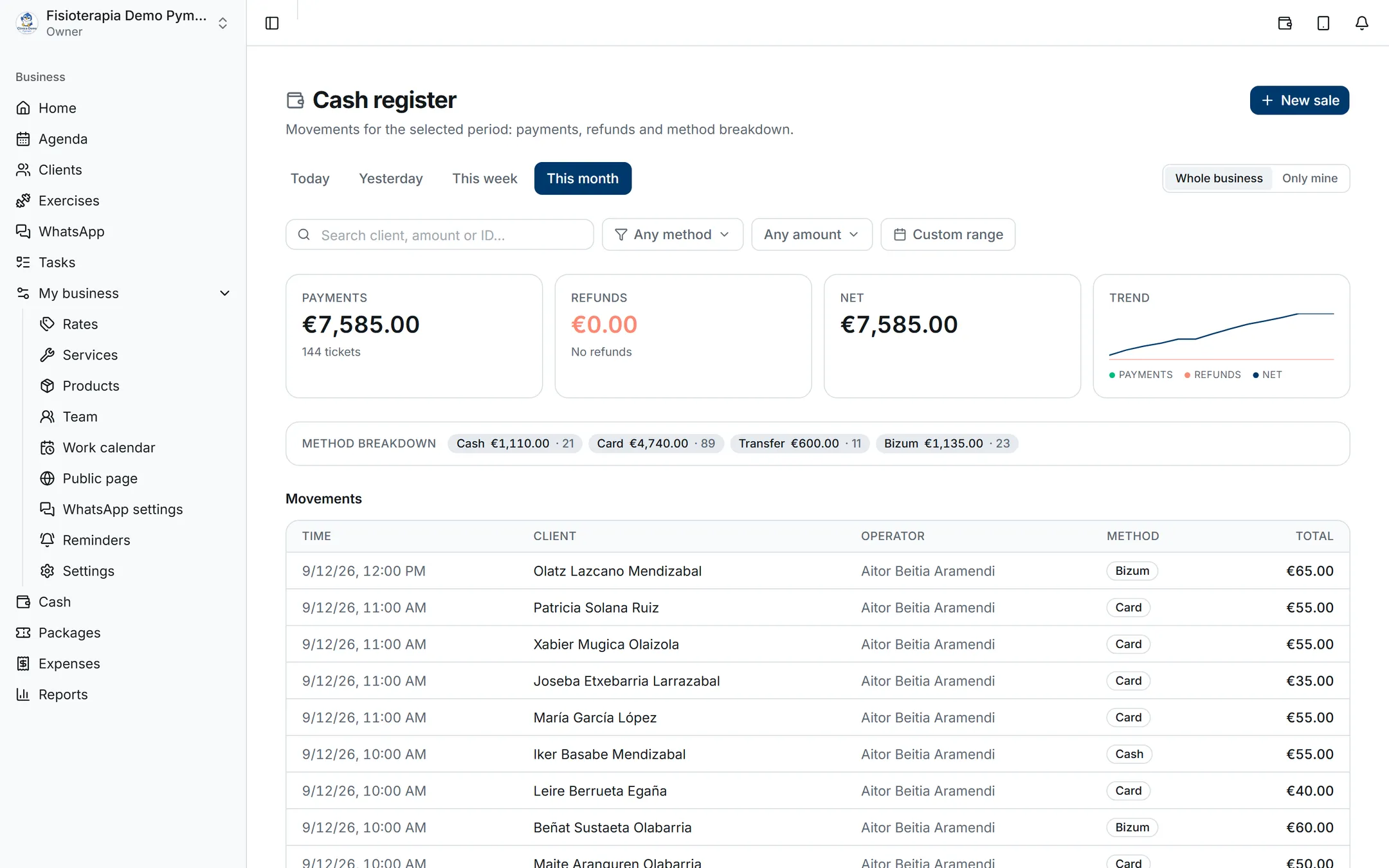 Till screen with the month's totals, the split by payment method and the list of movements