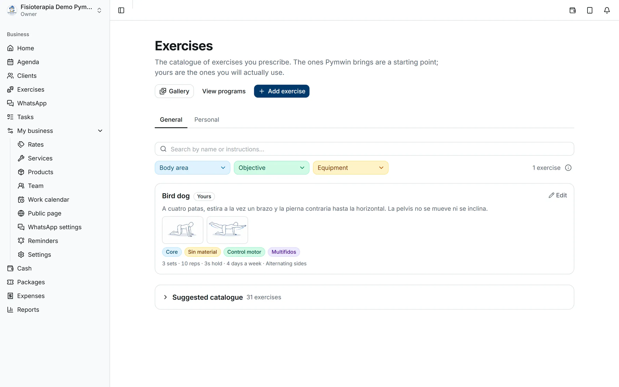 Exercise catalogue with the per-dimension filters and a clinic exercise showing its illustrations, tags and parameters