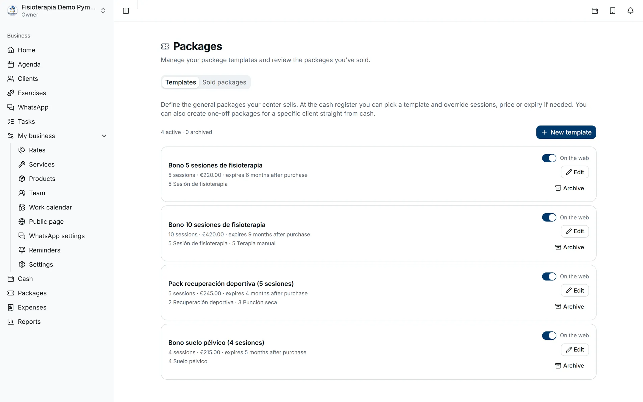 List of physiotherapy package templates with sessions, price and expiry