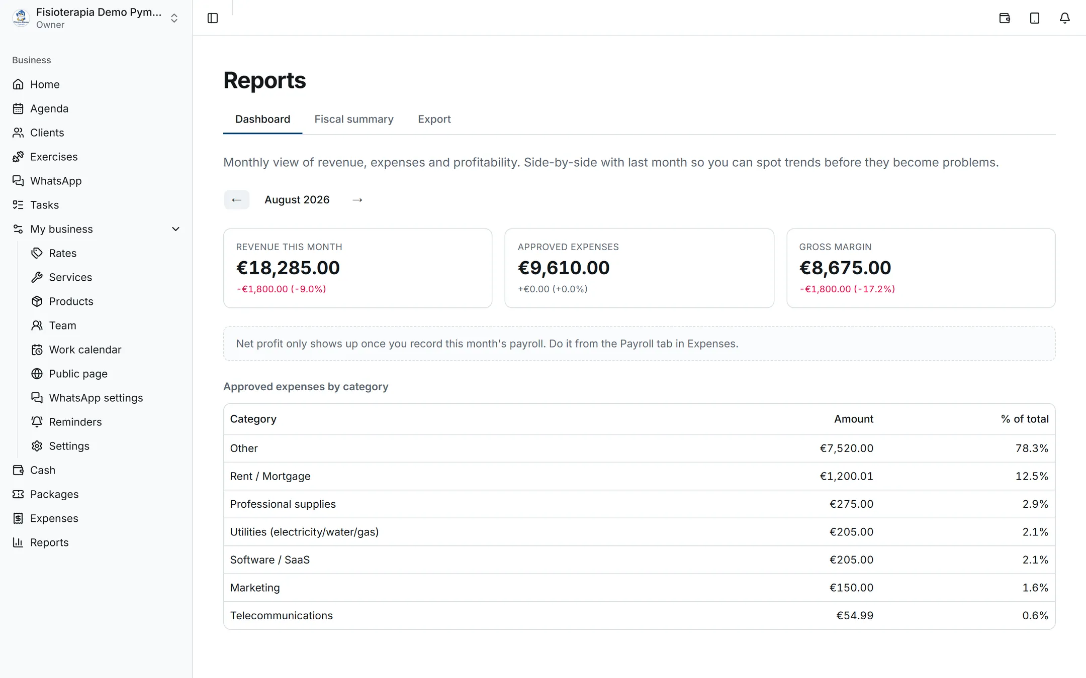 Reports dashboard with the month's revenue, expenses and margin and the expenses-by-category table