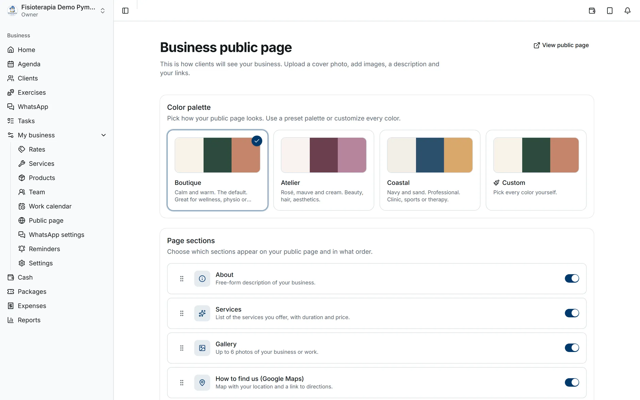 Public page editor with the colour palettes and the switchable sections