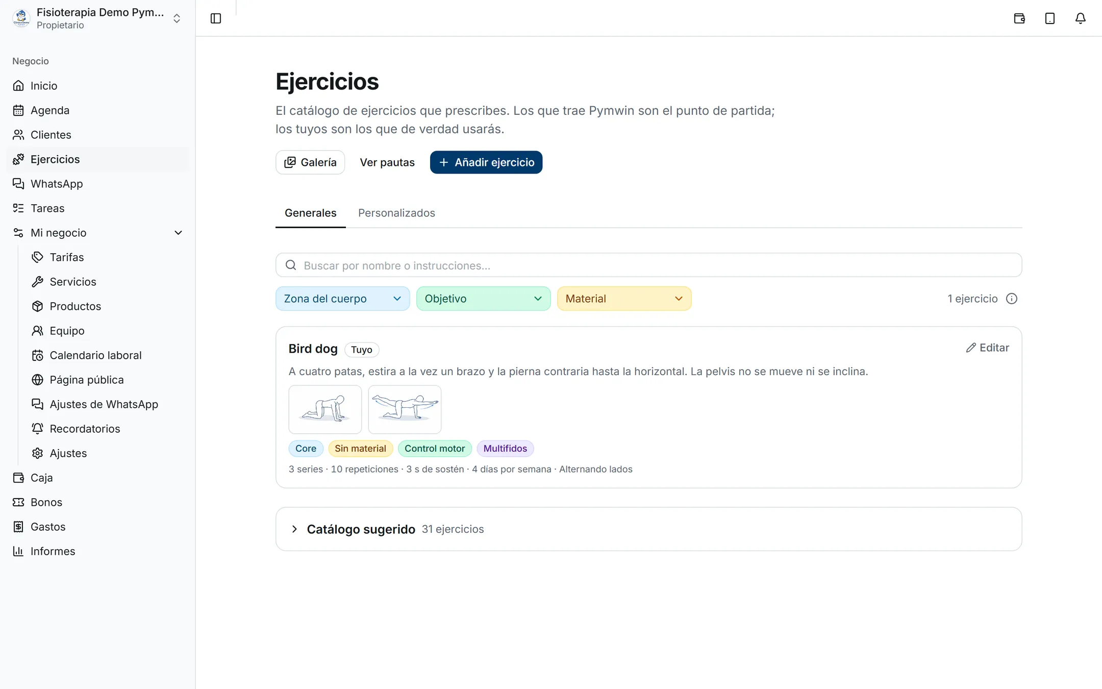 Catálogo de ejercicios con los filtros por dimensión y un ejercicio propio con sus ilustraciones, etiquetas y parámetros