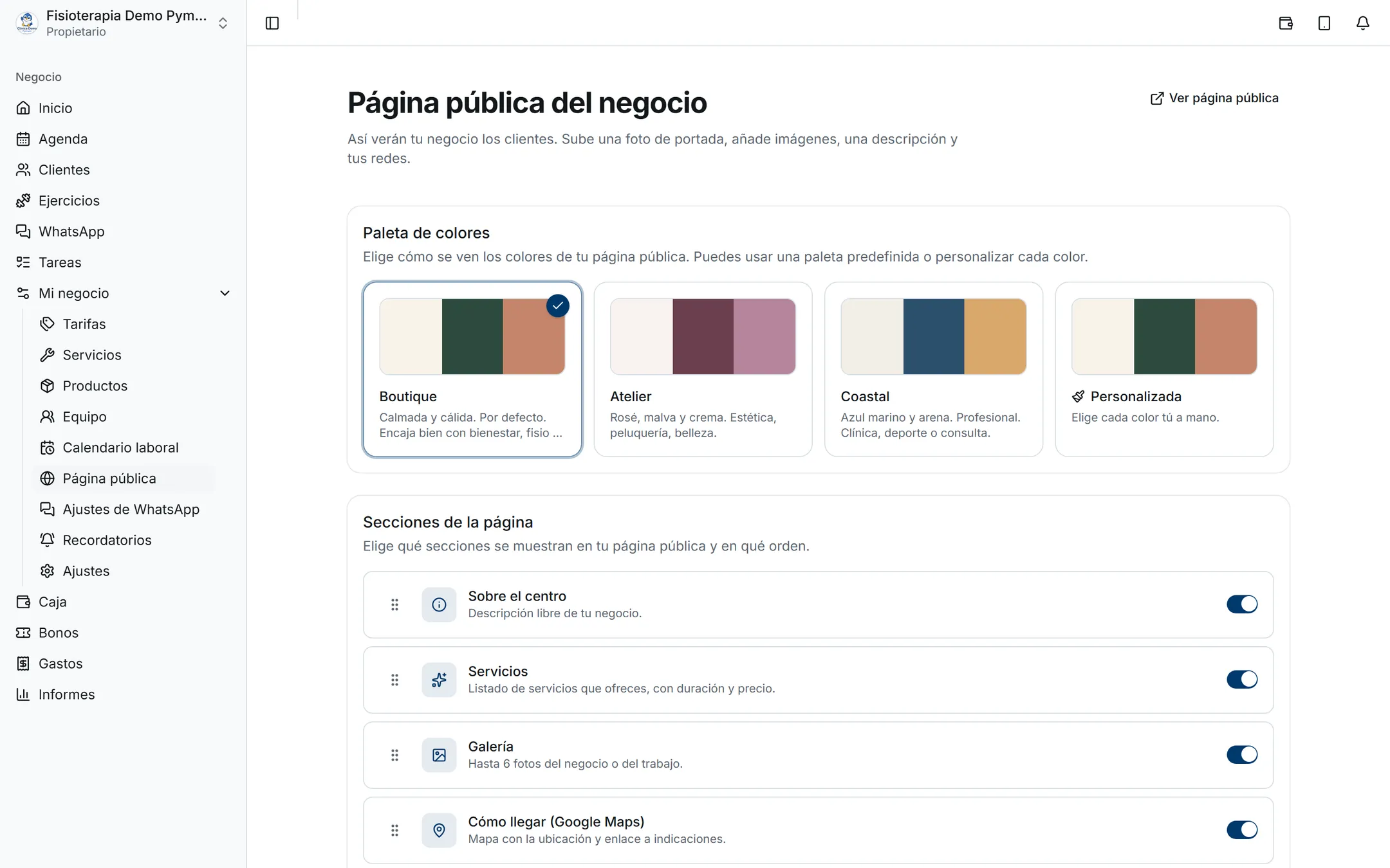 Editor de la página pública con las paletas de color y las secciones activables