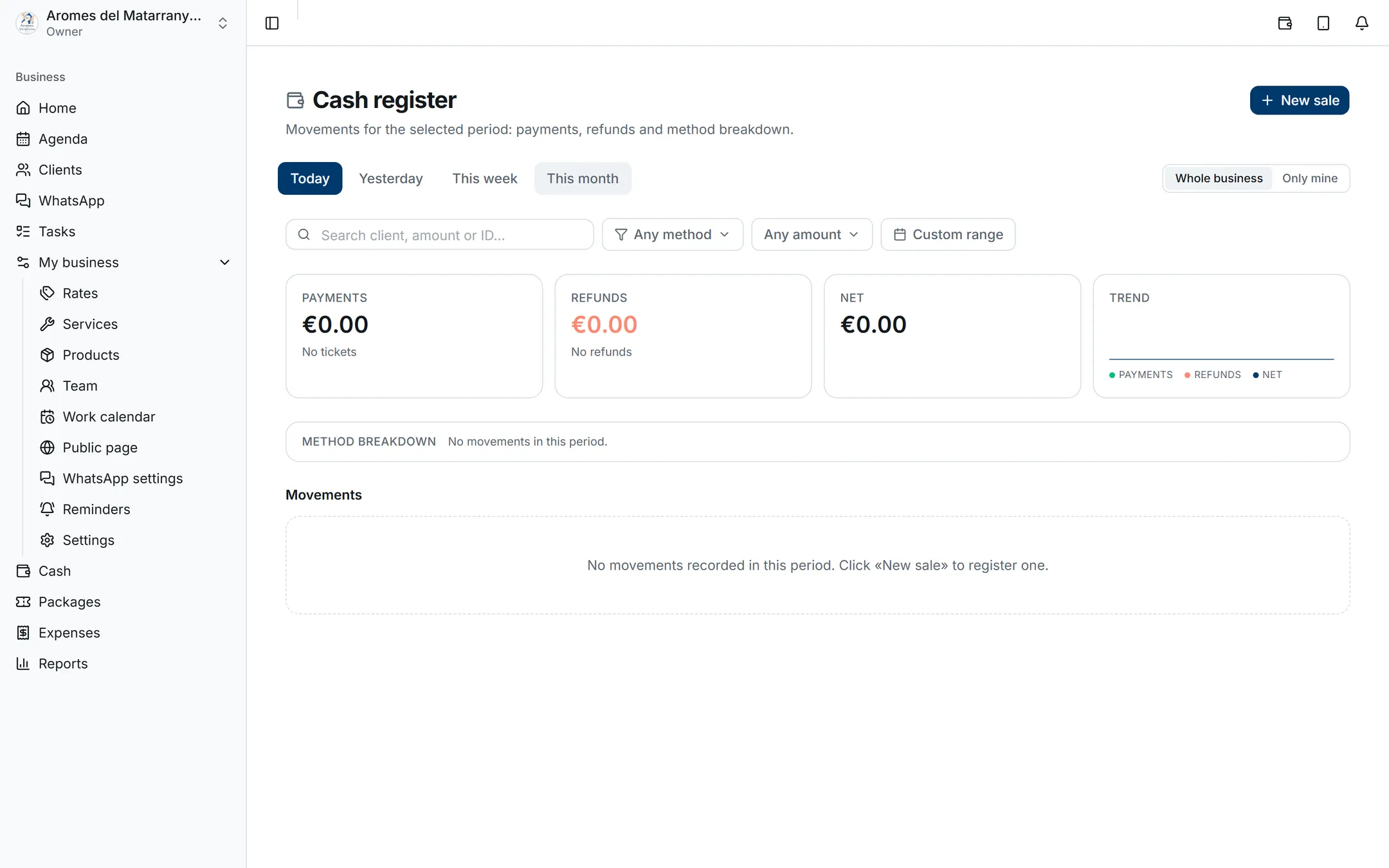 Till screen with the month's totals, the split by payment method and the list of movements