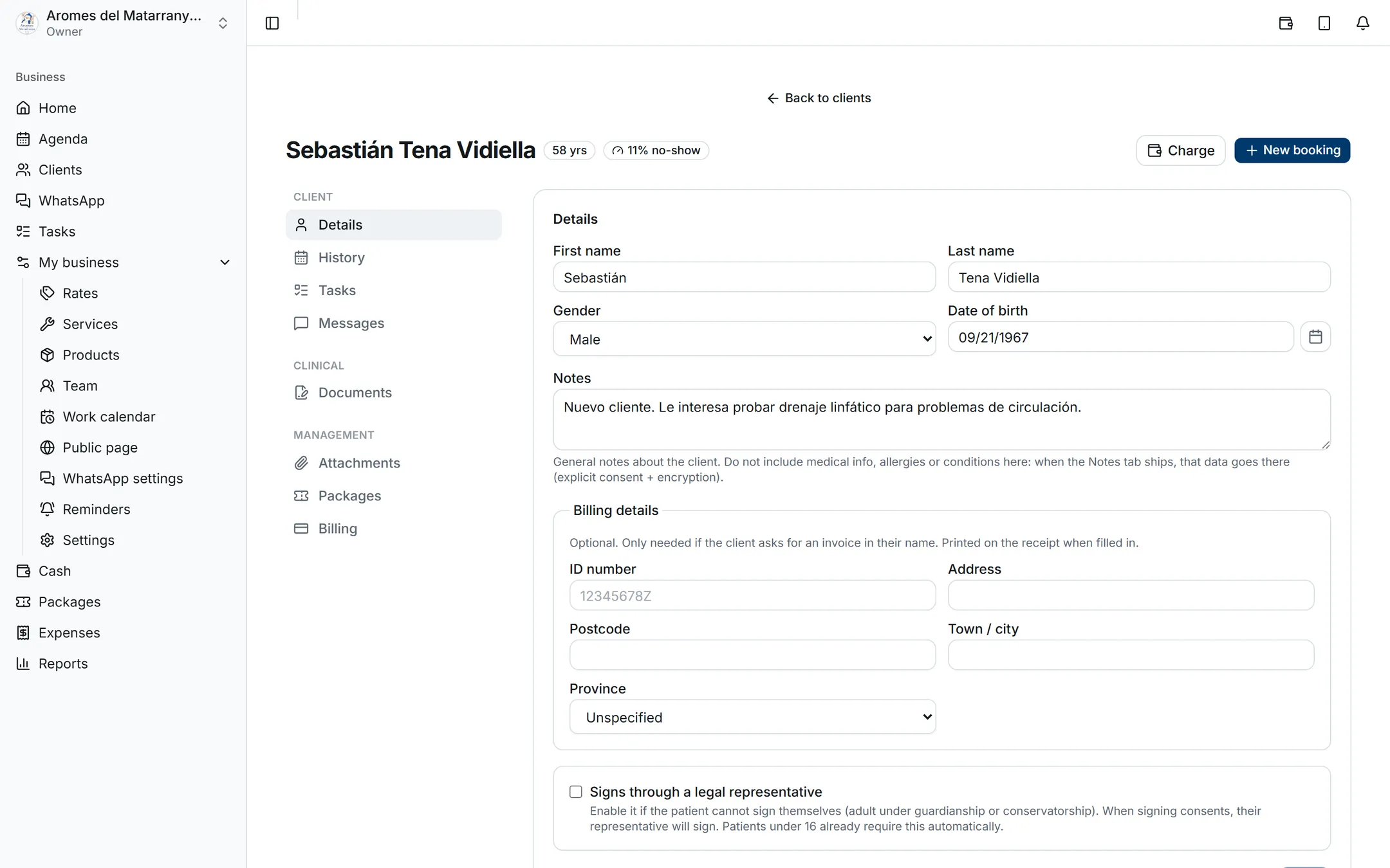 A client record with its side menu of sections