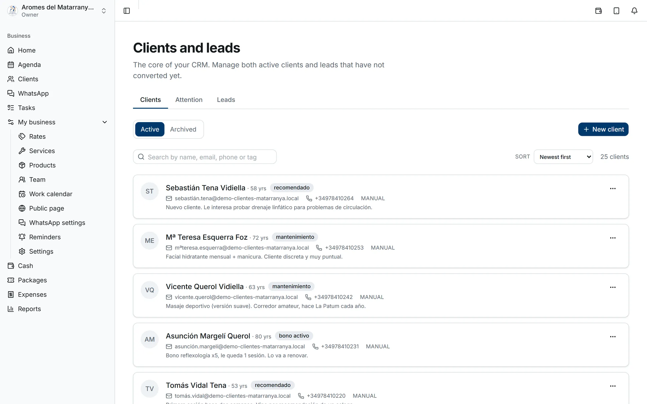 Client list of a spa with tags and notes