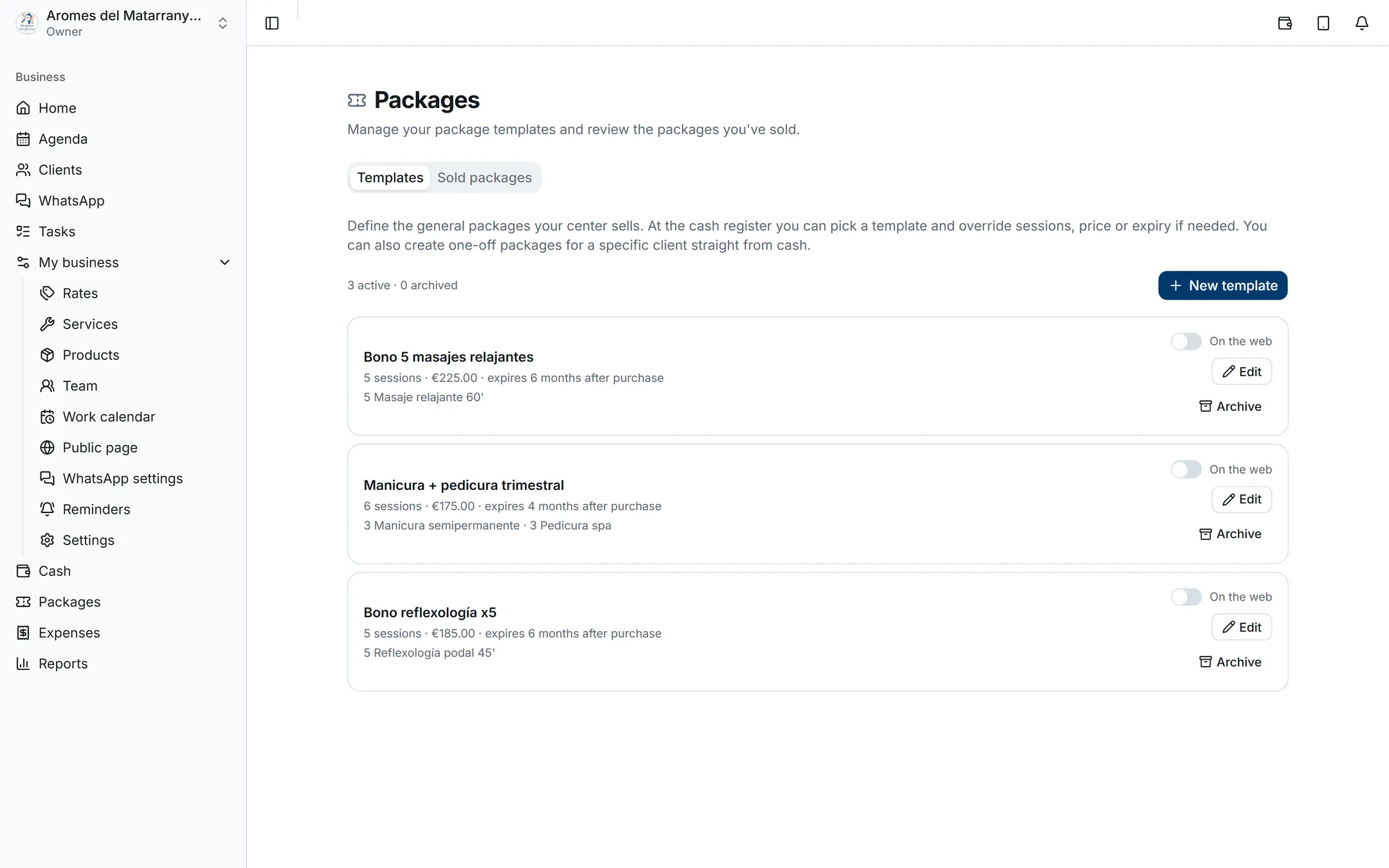 A spa's package templates with their sessions, price and expiry
