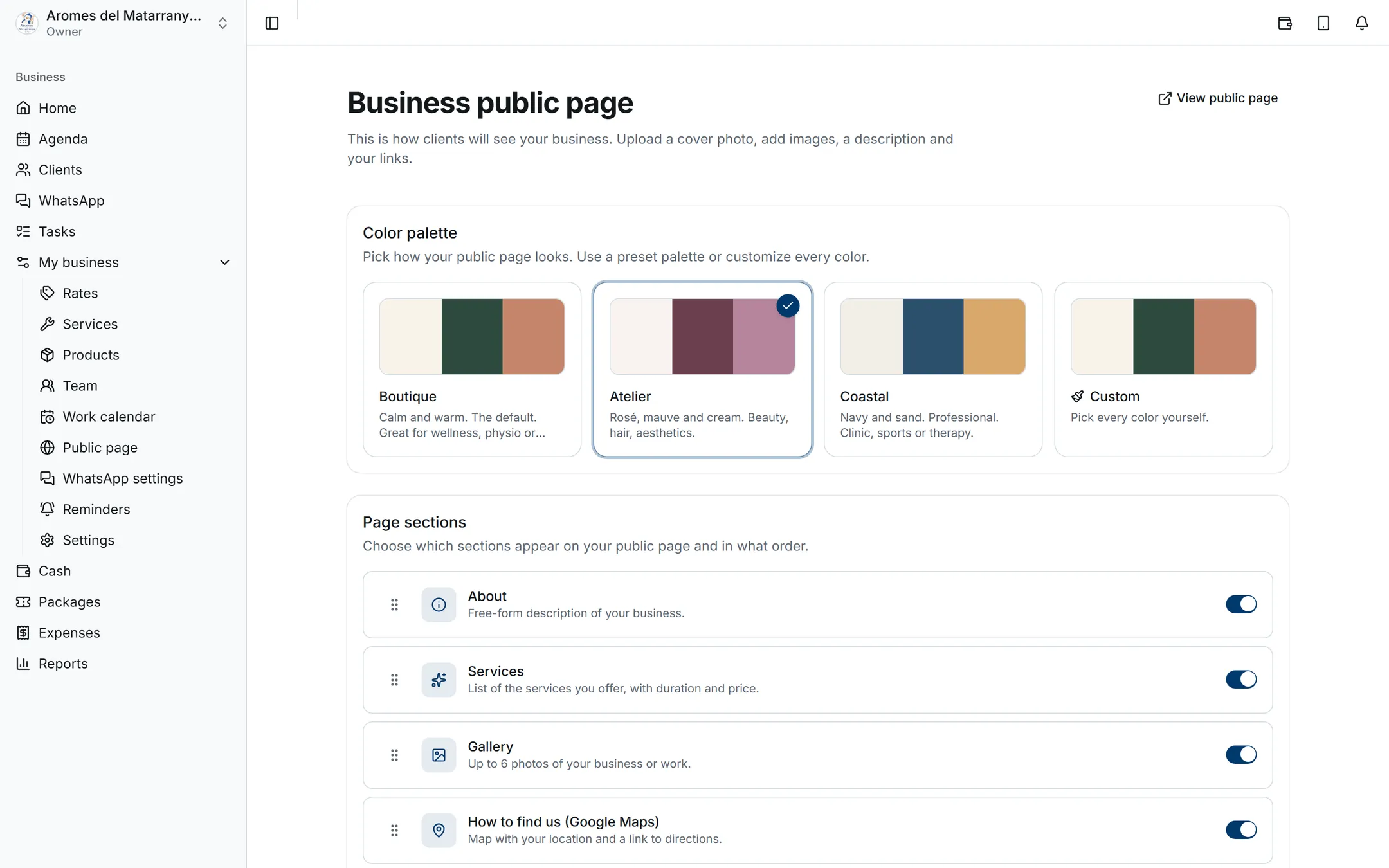 Public page editor with the colour palettes and the switchable sections