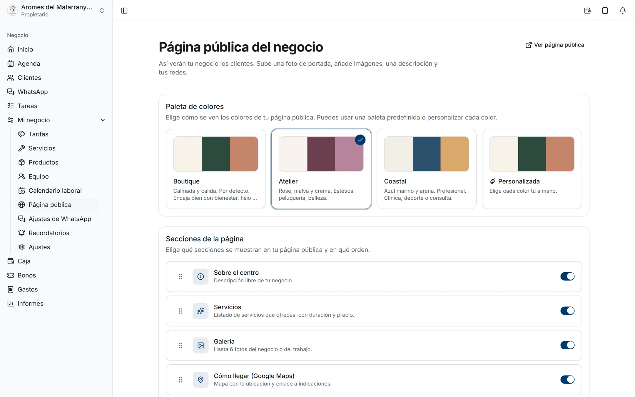Editor de la página pública con las paletas de color y las secciones activables